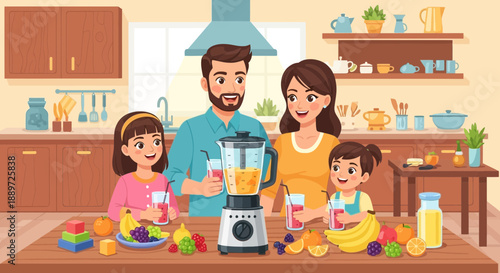Happy Family Making Fresh Fruit Smoothies Together in Kitchen
