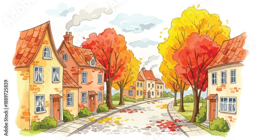 Charming watercolor illustration depicts a cozy residential street scene lined with quaint European style houses during a vibrant autumn season.