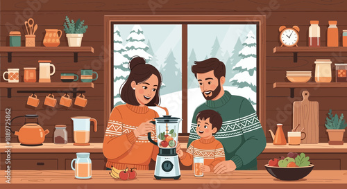 Happy Family Making Smoothies Together in Kitchen