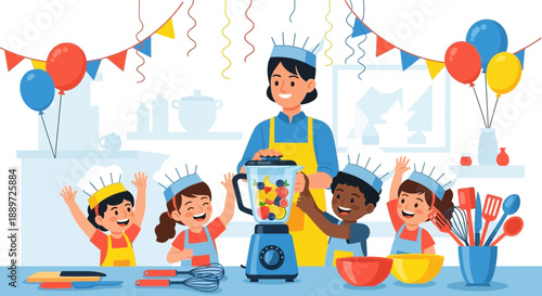 Happy children and teacher in kitchen making colorful smoothie