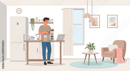 Man Working on Laptop at Kitchen Counter in Modern Home