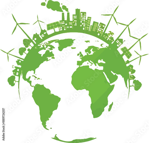 Vibrant green globe illustration showcasing sustainable city development integrated with clean renewable energy sources like wind turbines and eco friendly buildings representing global conservation e
