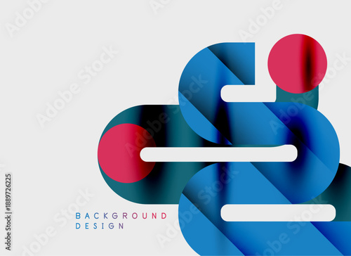 Abstract design features layered blue, white, pink shapes. Minimalist composition creates modern visual impact. Clean, simple aesthetic.