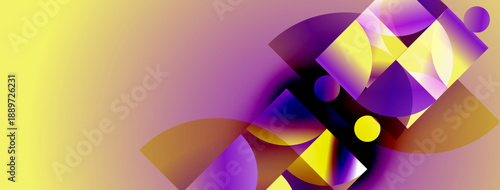 Abstract composition featuring vibrant geometric shapes. Yellow, purple hues blend creating dynamic visual effect. Modern design elements present.