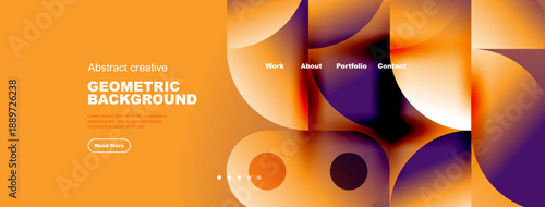 Abstract geometric background design. Orange hues dominate with purple accents. Website navigation visible, modern aesthetic.