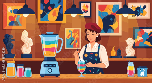 Woman Preparing Colorful Smoothie in Art Studio