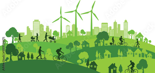 Silhouette illustration depicts a vibrant green landscape showcasing sustainable urban living with wind turbines powering a modern cityscape amidst community activities and bicycling.