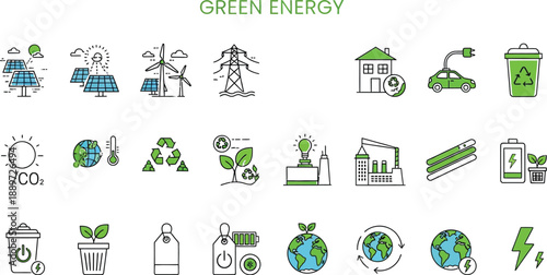 Collection of clean renewable green energy and ecology icons illustrating sustainable power generation technology for environmental conservation concepts