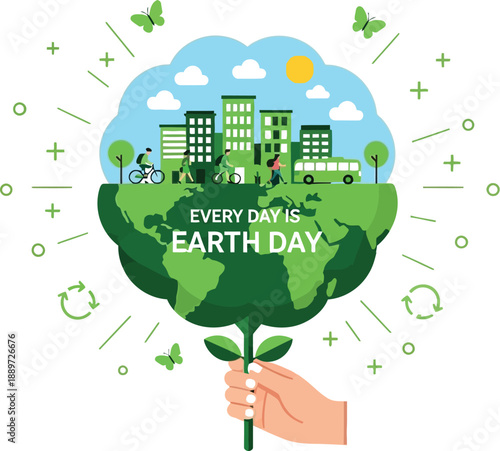 Hand holding a vibrant green seedling representing a flourishing planet and sustainable city life dedicated to celebrating environmental consciousness every single day.