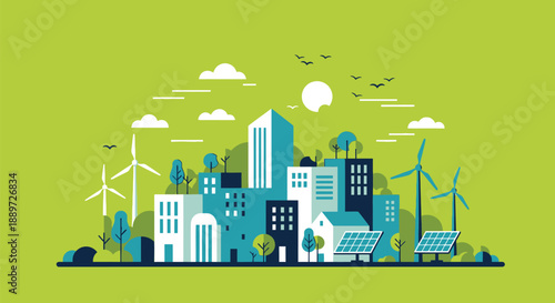 Illustration depicting a sustainable urban environment featuring clean renewable energy sources like wind turbines and solar panels integrated within modern city architecture.