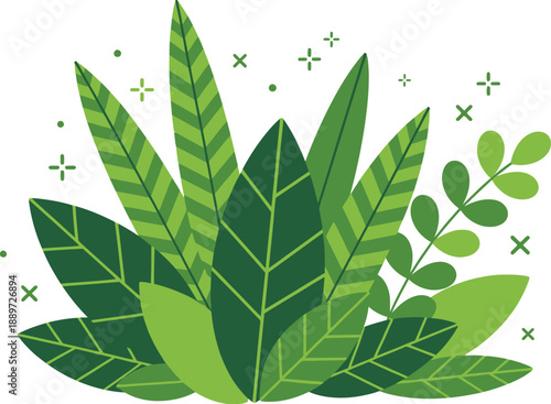 Vibrant collection of stylized green tropical foliage showcasing various leaf shapes and textures ideal for nature inspired graphic design projects