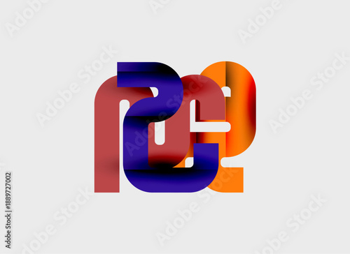 Abstract logo design features overlapping colorful letterforms. Shades include orange, purple, maroon, gray. Minimalist style, modern aesthetic.