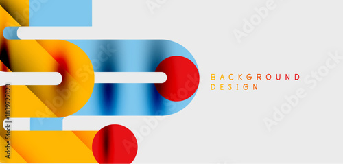 Abstract geometric shapes overlap, creating dynamic colorful background. Red, yellow, blue hues dominate design. Minimalist style.