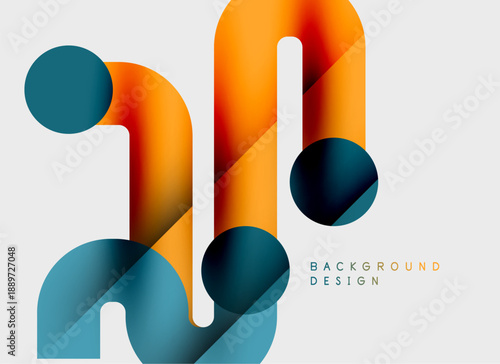 Abstract shapes overlap, creating vibrant color gradients. Modern design features smooth curves, simple geometry. Background suggests dynamic movement.