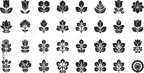 Collection of thirty-two stylized black and white botanical icon set featuring various simple leaf and flower silhouette designs perfect for graphic embellishments or nature themes