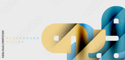 Abstract shapes overlap, creating dynamic visual effect. Gold, blue hues dominate neutral backdrop. Minimalist design.