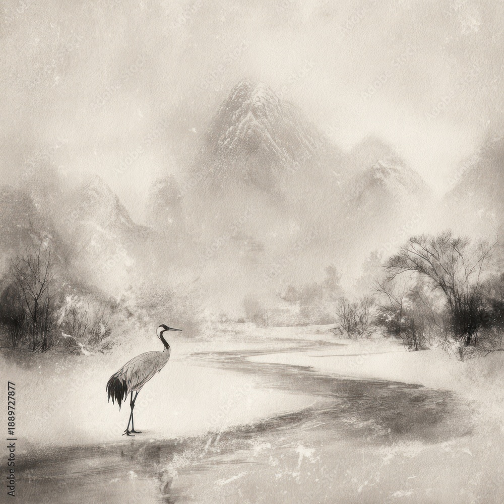 Fototapeta premium Serene monochrome landscape with crane, misty mountains, meandering river, and sparse trees