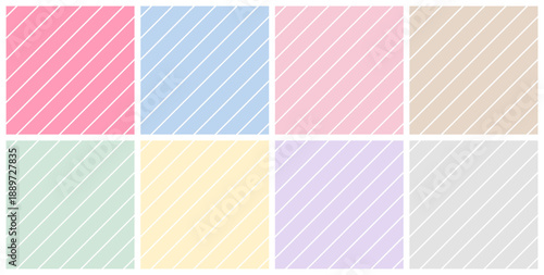 細い白線とカラフルな線の斜めストライプのシームレスパターンセット　パステルカラーの斜め縞模様の背景画像ベクターイラスト