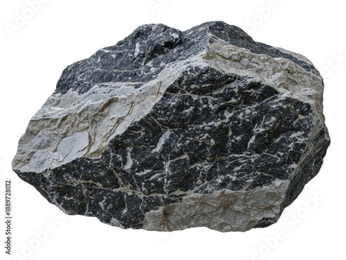 Large rough textured gray and black rock with natural patterns and jagged edges isolated on transparent background