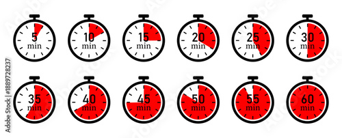 Collection of stopwatch showing different time intervals from 5 to 60 minutes