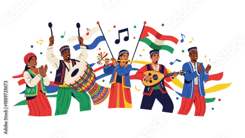 Vibrant illustration of diverse people dancing with flags and musical notes in a colorful, celebratory scene with confetti.