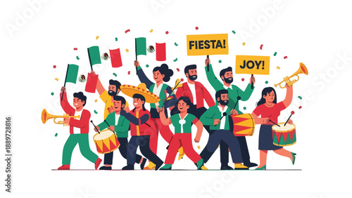 Vibrant illustration of a diverse group of people celebrating with Mexican flags and fiesta signs in a lively, colorful scene with confetti.