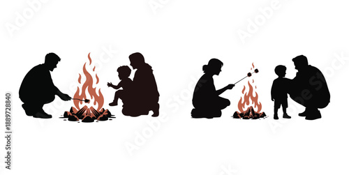 Family Camping Campfire Silhouette Vector, Camping Night Art Design, Parents and Kids Roasting Marshmallows.