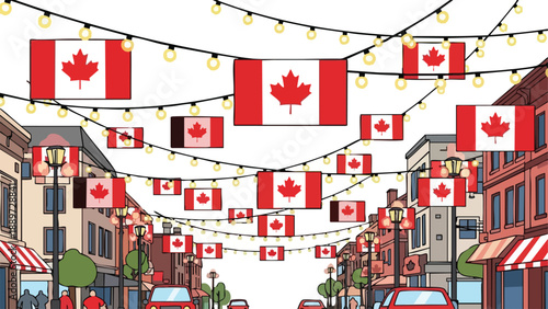 Illustration of a street decorated with multiple Canadian flags and string lights between buildings on a white background.