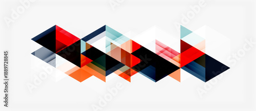Abstract geometric shapes overlap, creating dynamic visual pattern. Red, black, orange hues dominate white background. Modern design element.