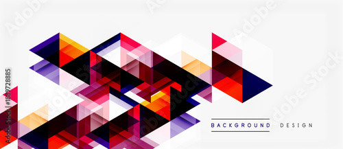 Abstract geometric shapes create vibrant background. Triangles overlap, forming dynamic composition. Colors include purple, orange, red, gray.