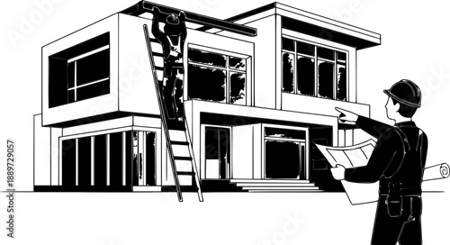 Architect and construction worker inspecting modern house blueprint.