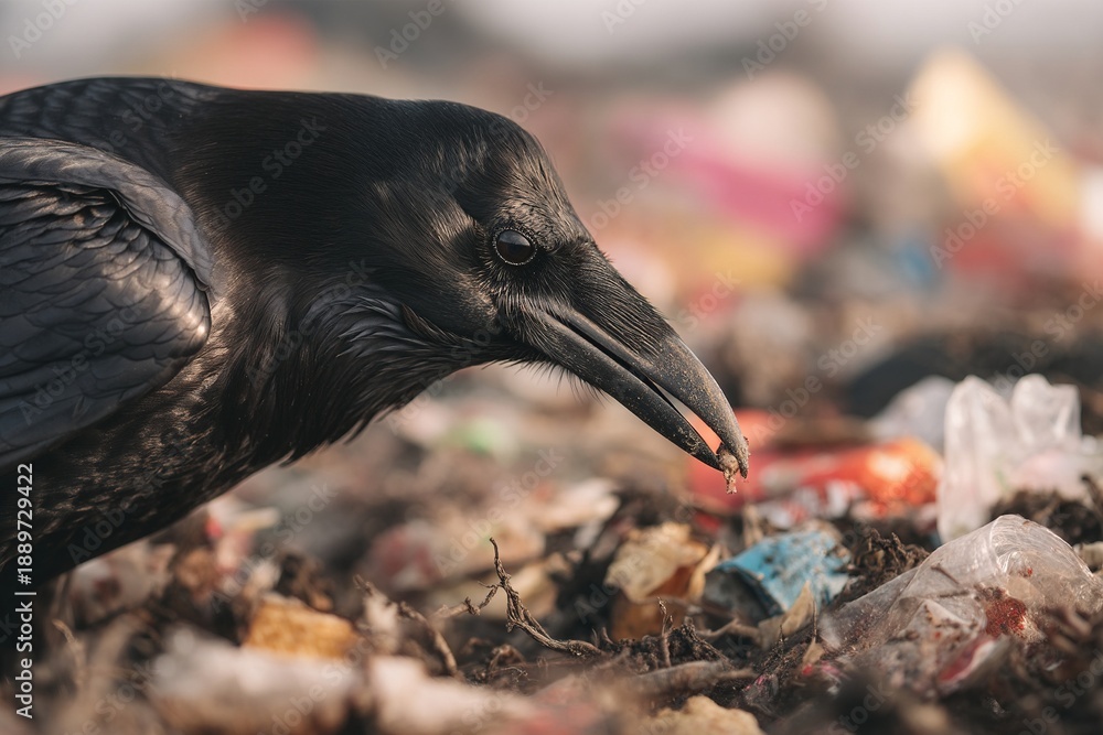 Obraz premium Raven scavenging food scraps in urban garbage environment