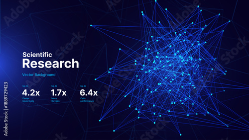 Futuristic Polygonal Network Structure with Glowing Data Nodes. Scientific Research Visualization for AI, Biology, Nanotech, and Cell Analysis Concepts. Vector Illustration.