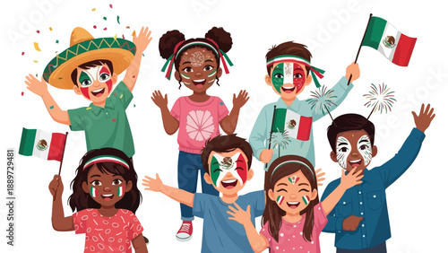 Illustration of a diverse group of children celebrating with Mexican flags and face paint on a white background.
