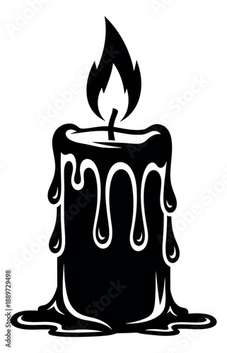 Line art illustration of a candle depicting a burning flame with melting wax for ambiance and symbolic themes