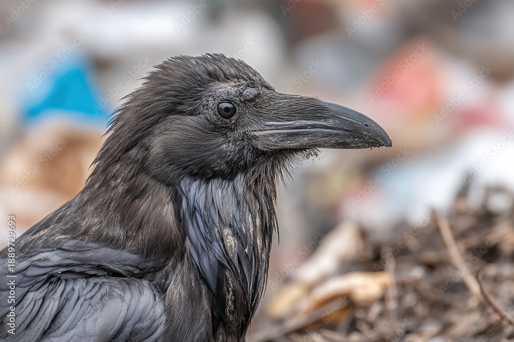 Fototapeta premium Close-up portrait of raven in polluted landfill area