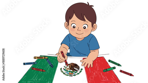 A cheerful young boy coloring with crayons on green and red paper on a table with a plate of crayons.