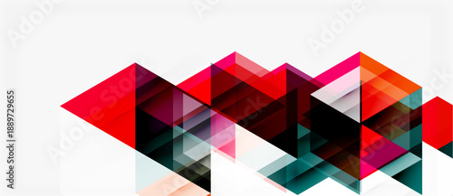 Abstract geometric composition. Overlapping triangles create dynamic visual effect. Red, black, teal hues dominate white background.