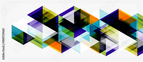 Abstract geometric shapes overlap, creating dynamic visual texture. Bright colors blend with muted tones, forming modern design element.