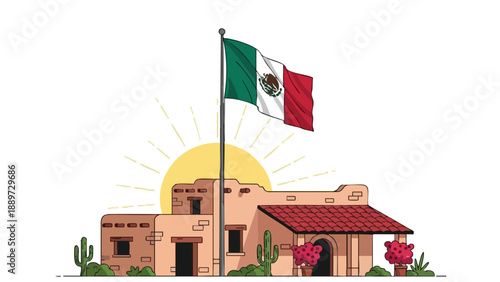 Illustration of a Mexican adobe building with a flag waving in front of a sunny desert landscape with cacti.