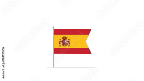 The flag of Spain waving on a white background with a silver pole, featuring red and yellow horizontal stripes and the national coat of arms.