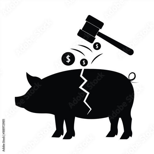 Broken piggy bank vector icon. Piggy bank smashed or cracked with a hammer. Loss of savings. Broken piggy bank. Vector illustration