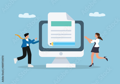 Business People Running Toward Computer Monitor Displaying Editable Document with Pencil Icon Symbolizing Online Collaboration, Digital Writing, and Content Creation in a Modern Work Environment