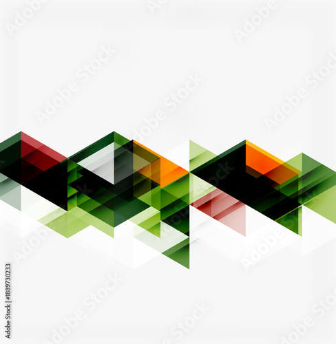 Abstract geometric design. Overlapping triangles create dynamic pattern. Colors include green, orange, black, red hues. Minimalist style.