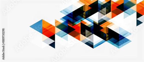 Abstract geometric shapes overlap, creating dynamic composition. Orange, blue, gray tones dominate white background. Modern design element.