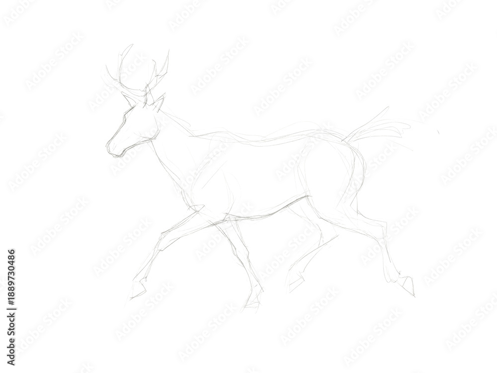 Fototapeta premium Outline of a deer with antlers sketched in light lines on a transparent background