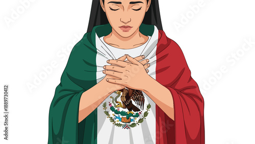 Illustration of a young Latina girl wearing a Mexican flag draped over her shoulders, with her hands clasped together in front of her chest, against a plain white background.
