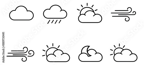 Minimalist line art weather icons set featuring clouds, sun, moon, rain, and wind for weather applications and forecasts