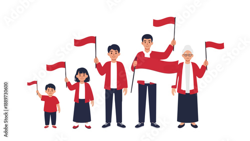 Illustration of a diverse group of people holding red flags in a celebratory pose against a plain white background.