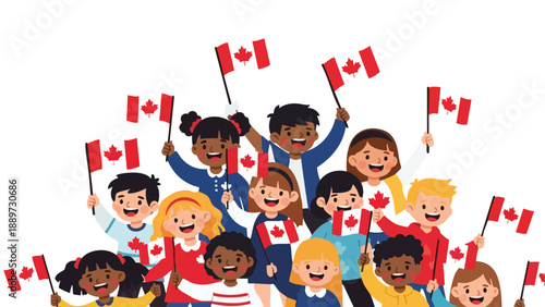 Diverse group of happy children waving Canadian flags in celebration on a white background with vibrant colors.